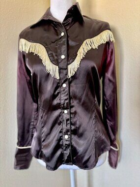 Vintage 1960s Avante Western Wear Shirt In Faded Black Satin With Pearl Snap